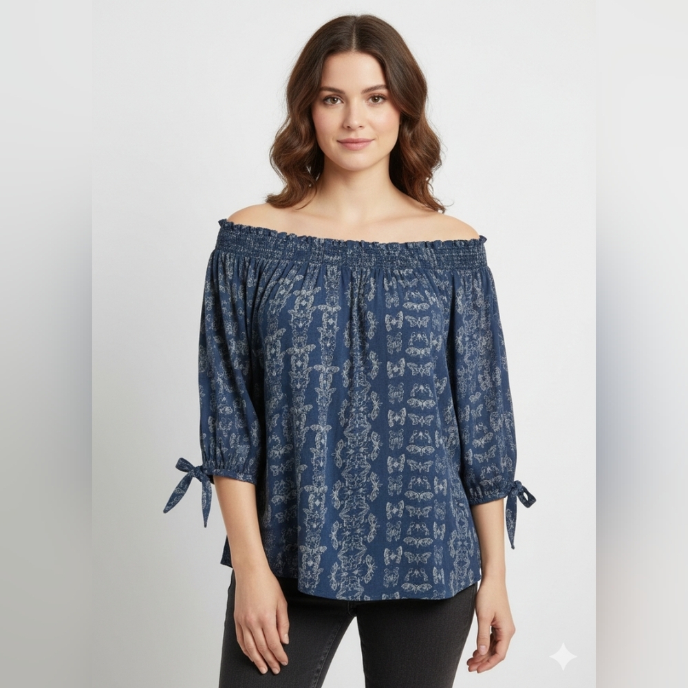 Sonoma Women's Blue Butterfly Off The Shoulder 3/4 Sleeve Top Size Medium 🐈